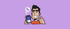 Cartoon image of a man holding up his phone pointing to MiOS connected to a Z-Wave device