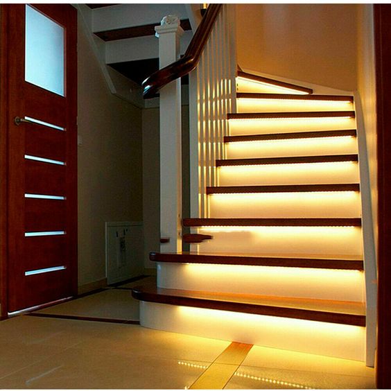 Picture of stairs with smart home device lights